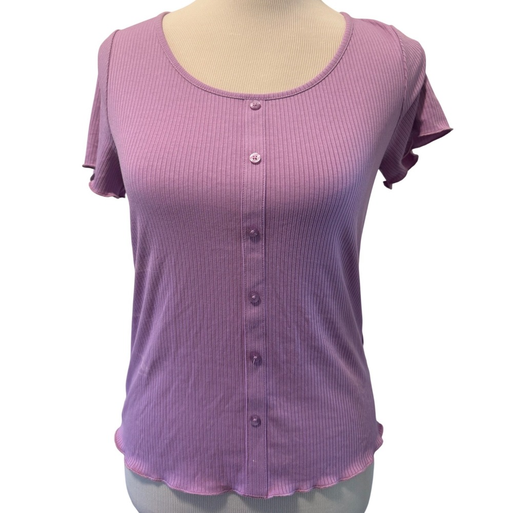 Laundry by Shelli Segal African Violet Ribbed Lettuce Edge Button Top M L1KS9014